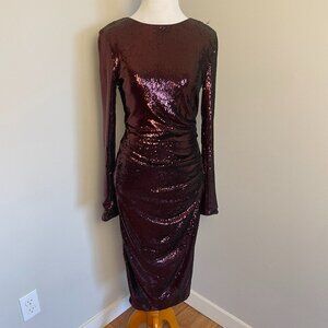 NWT Dress the Population Women’s Wine Sequin Midi Cocktail Dress